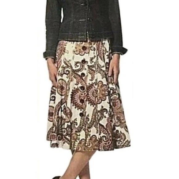 Cabi Paisley Skirt 14 Button Down Front Paneled A-Line Full Knee Boho Cotton - Picture 1 of 12